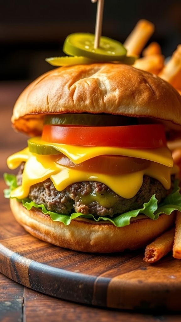 A classic cheeseburger with lettuce, tomato, and cheese on a toasted bun, alongside crispy fries.
